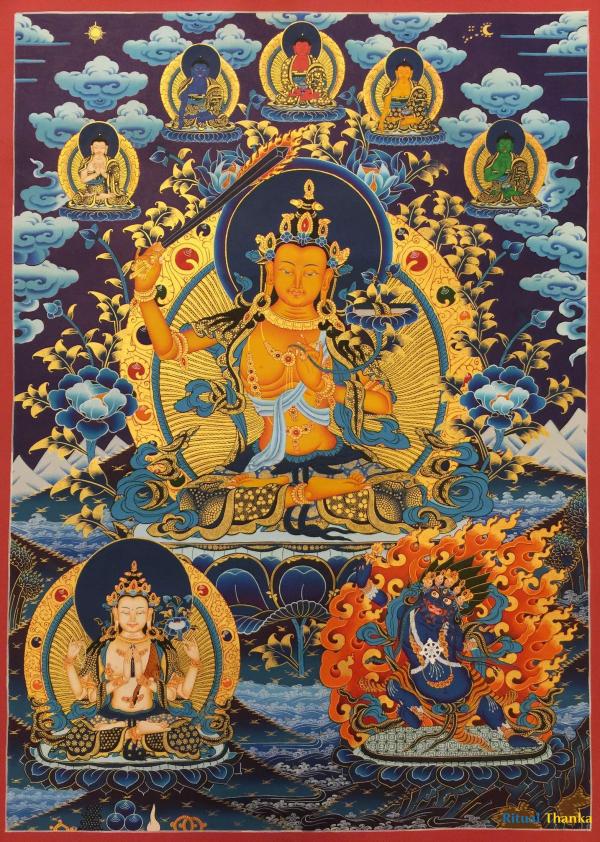 Manjushree Thangka | Hand-Painted Tibetan Thangka Painting | Religious Wall Hanging